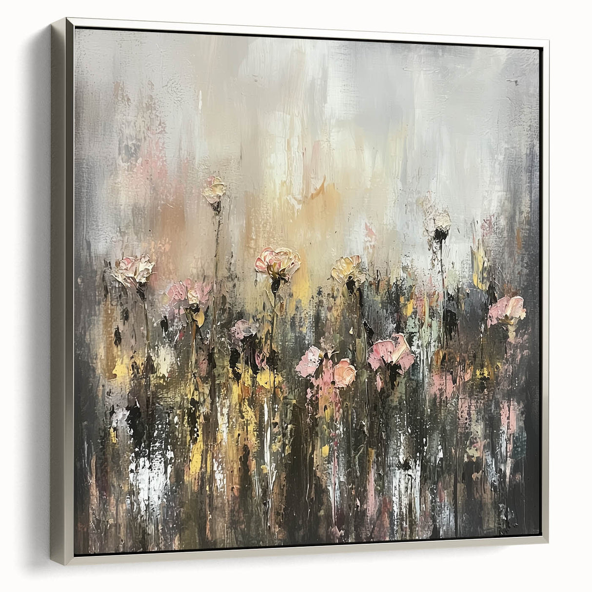 Framed canvas artwork depicting abstract floral designs in vibrant colors, showcased with a sleek silver frame, ideal for modern home décor.