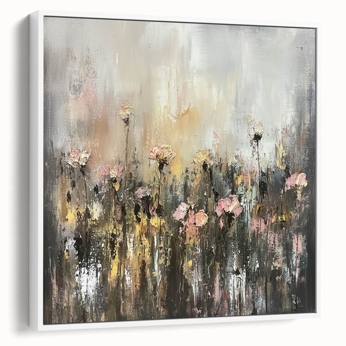 Framed canvas art showcasing an abstract floral design with vibrant colors against a white background, viewed from the side, perfect for modern home decor.