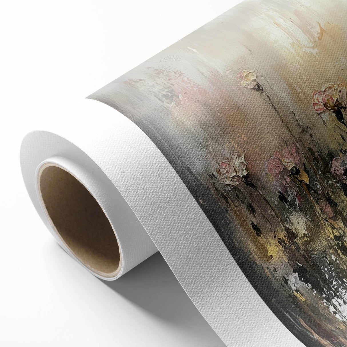 Abstract floral design on rolled canvas, showcasing vibrant colors and intricate patterns, perfect for enhancing modern home decor. Packaged securely in a cardboard tube for easy transport and display.