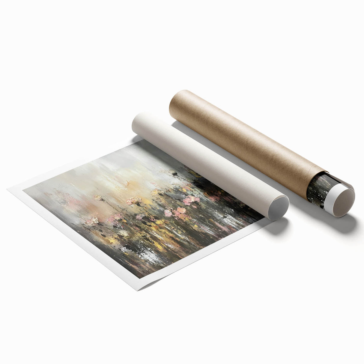 Abstract floral rolled print showcasing vibrant colors and intricate patterns, elegantly packaged in a protective cardboard tube for easy display. Ideal for modern home decor.