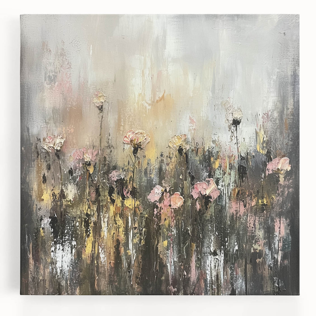 Colorful abstract floral stretched canvas artwork showcasing vibrant hues of pink, blue, and yellow, perfect for modern home decor or artistic displays.