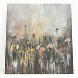 Abstract floral canvas art featuring vibrant colors and intricate patterns, leaning against a white wall, ideal for modern home decor and artistic spaces.