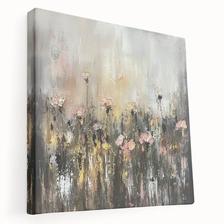 Abstract floral stretched canvas artwork showcasing vibrant colors and intricate design details. The side view highlights the canvas's depth and texture, ideal for modern home decor.