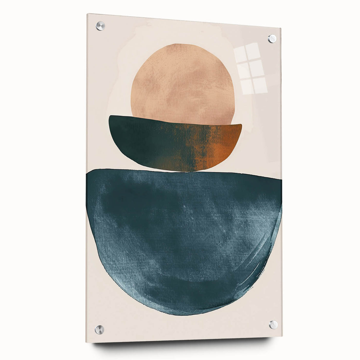 Abstract minimalist wall art design on acrylic glass, showcasing vibrant colors and smooth edges, displayed with pins against a neutral wall for a modern aesthetic.