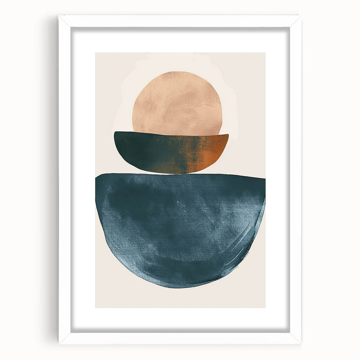 Abstract minimalist wall art framed in white, featuring geometric shapes and soft pastel colors, perfect for modern home decor, enhancing any living space aesthetic.