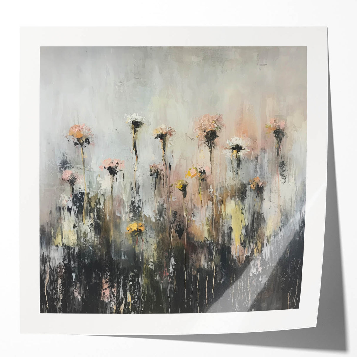 Abstract floral art print featuring vibrant blue and pink hues on a glossy surface, perfect for modern home decor, displayed against a neutral backdrop.