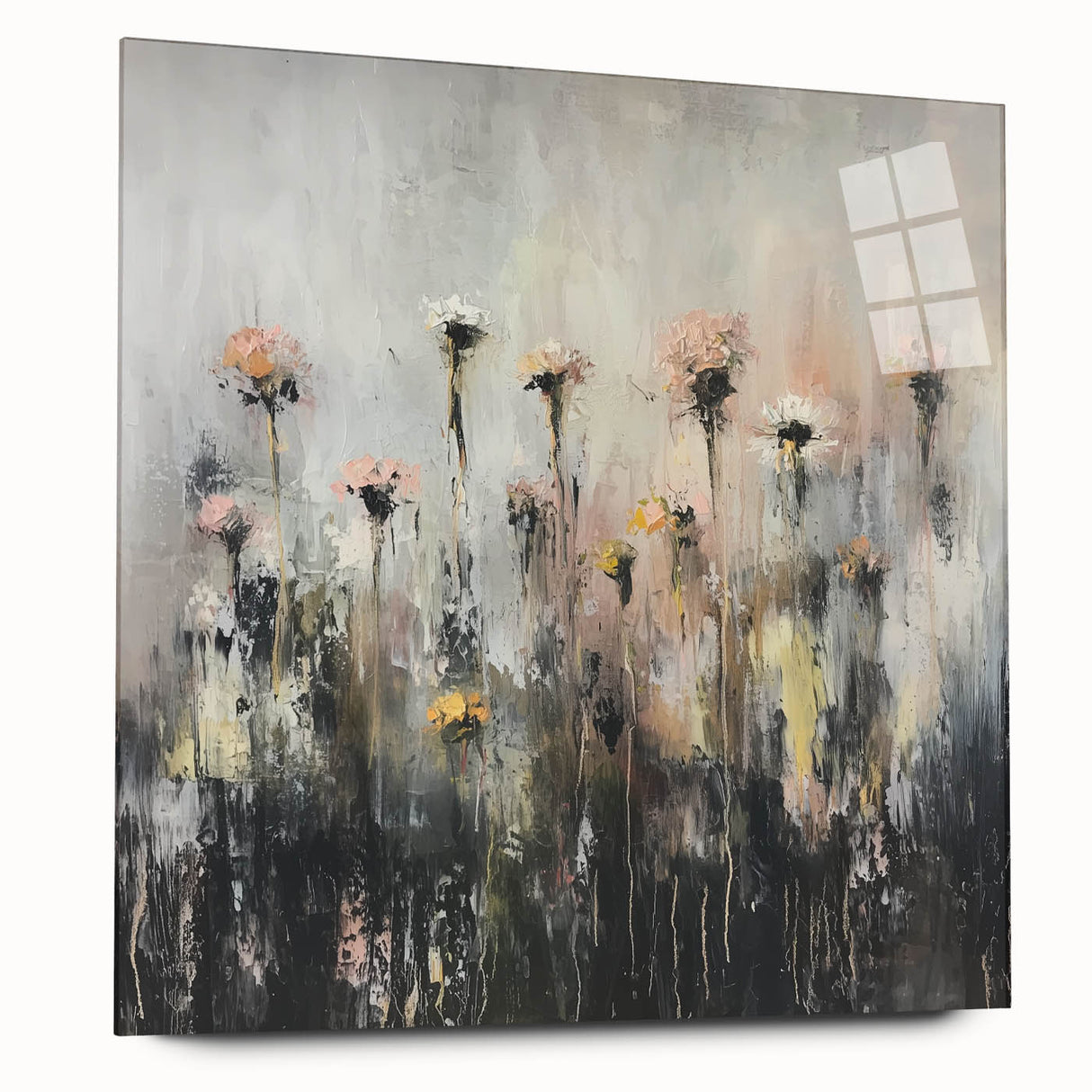 Abstract floral acrylic artwork displayed in a glass frame, showcasing vibrant colors and intricate designs, perfect for modern home decor and enhancing living spaces.