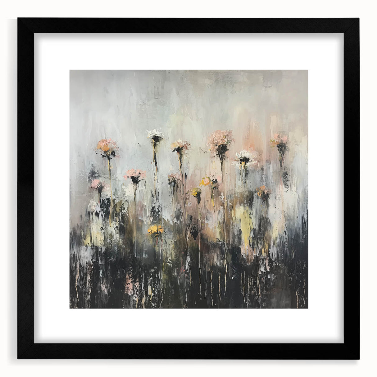 Abstract floral frame with a black mat, showcasing vibrant colors and intricate designs, ideal for enhancing modern home decor and art collections.