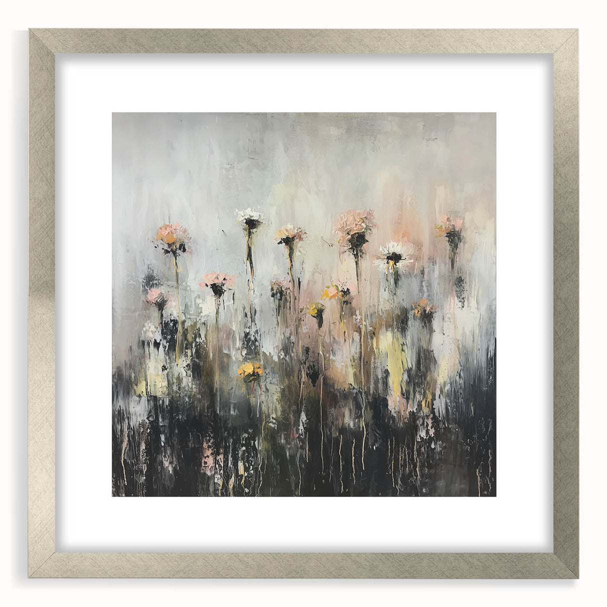 Abstract floral artwork framed in silver, featuring intricate designs and a mat finish, perfect for enhancing modern home decor. The elegant composition adds a touch of sophistication to any room.