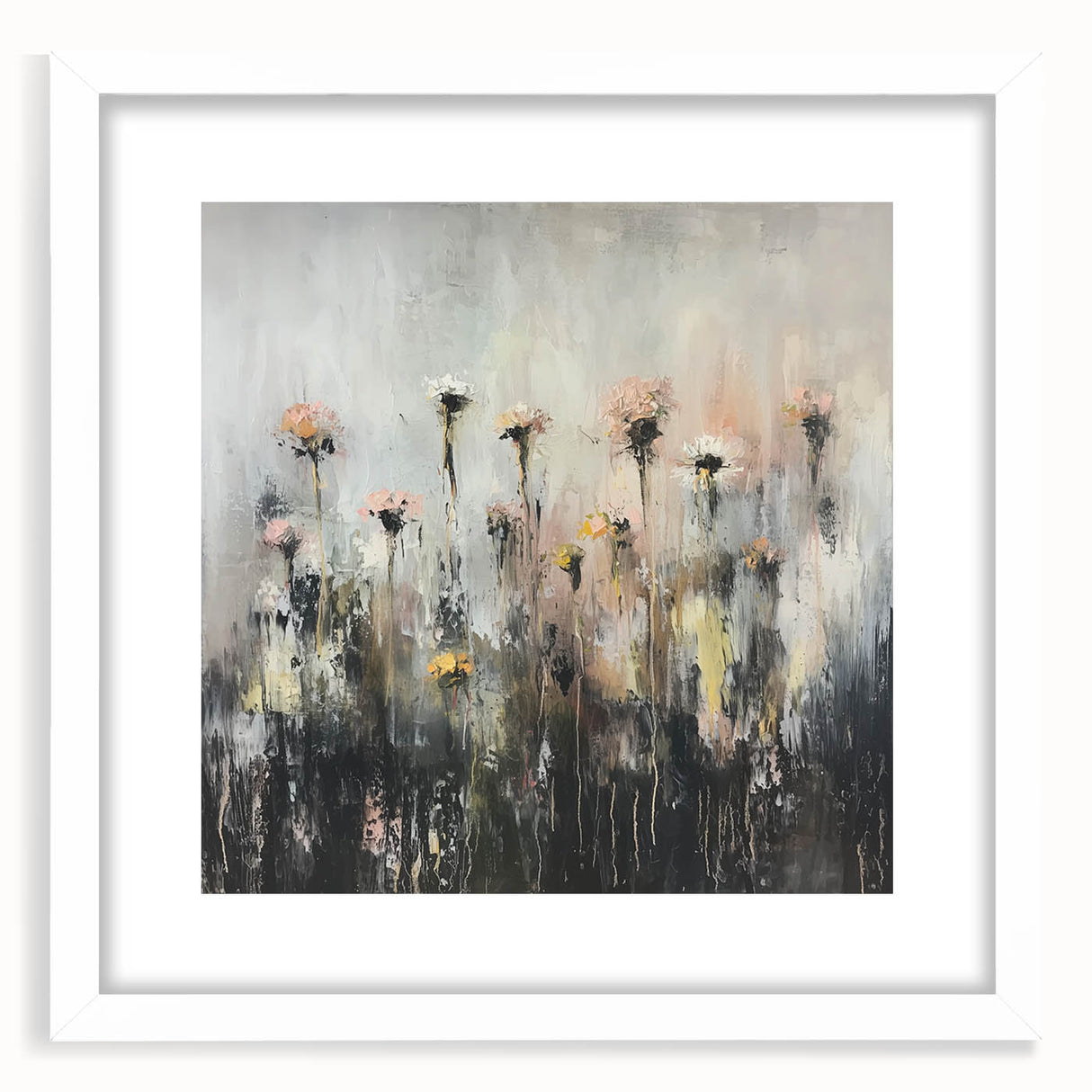 Abstract floral design framed in white matting, showcasing vibrant colors and intricate patterns, ideal for modern home decor or art enthusiasts.
