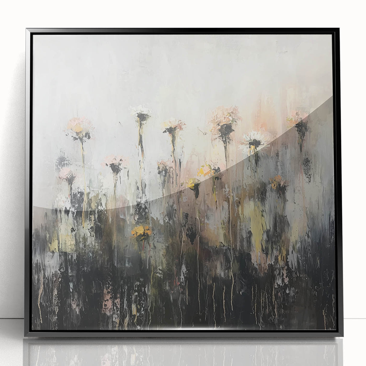Framed acrylic wall art featuring abstract floral designs in vibrant colors, set against a sleek black frame, perfect for modern home decor and artistic interiors.
