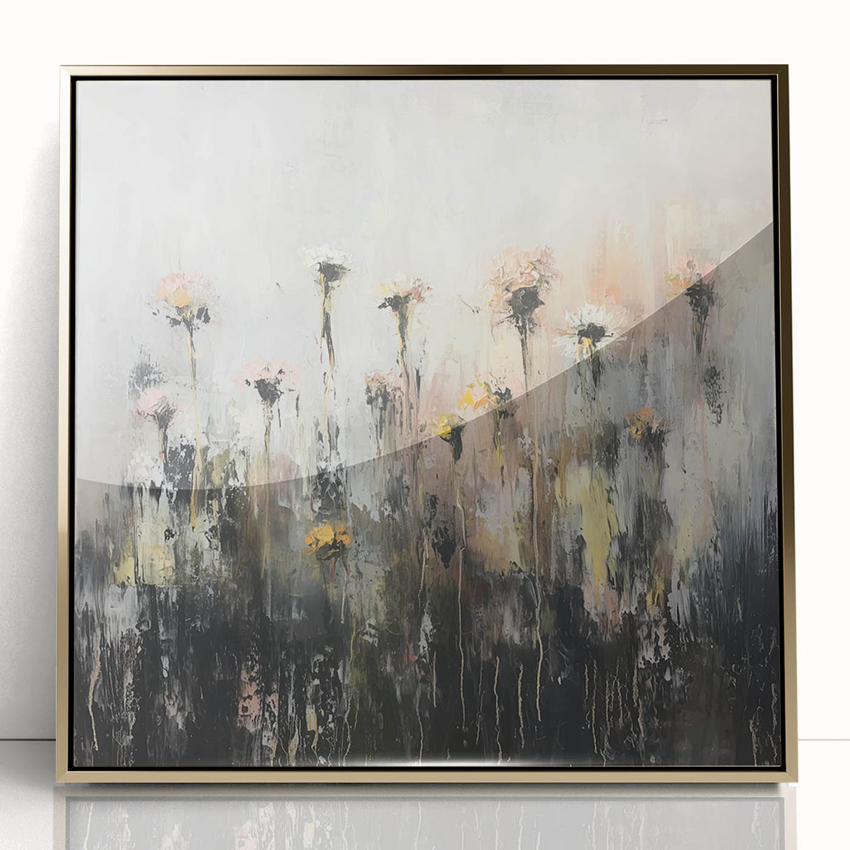 Framed acrylic artwork showcasing abstract floral designs in rich gold and vibrant colors, perfect for modern home decor and adding elegance to any space.