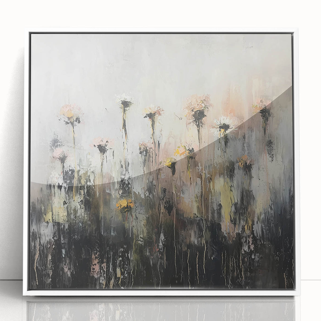 Framed acrylic artwork showcasing vibrant abstract florals in a white frame, perfect for modern home decor, highlighting intricate details and colors.