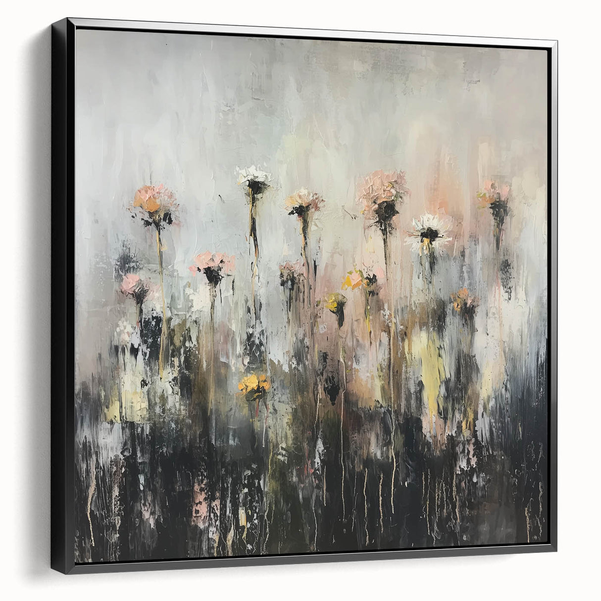 Framed abstract floral canvas artwork showcasing vibrant colors and intricate designs, set against a sleek black frame, perfect for modern home decor.
