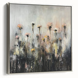 Framed canvas artwork showcasing an abstract floral design with vibrant colors and silver frame, perfect for modern home decor and artistic elegance.