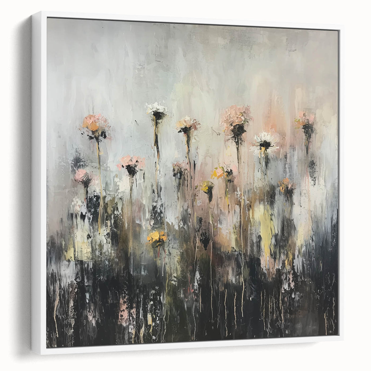 Framed canvas artwork showcasing an abstract floral design with vibrant colors, displayed in a modern white frame against a neutral background. Ideal for contemporary home decor.
