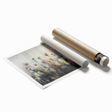 Abstract floral rolled print showcasing vibrant colors and intricate designs, elegantly packaged in a protective cardboard tube for easy storage and display.