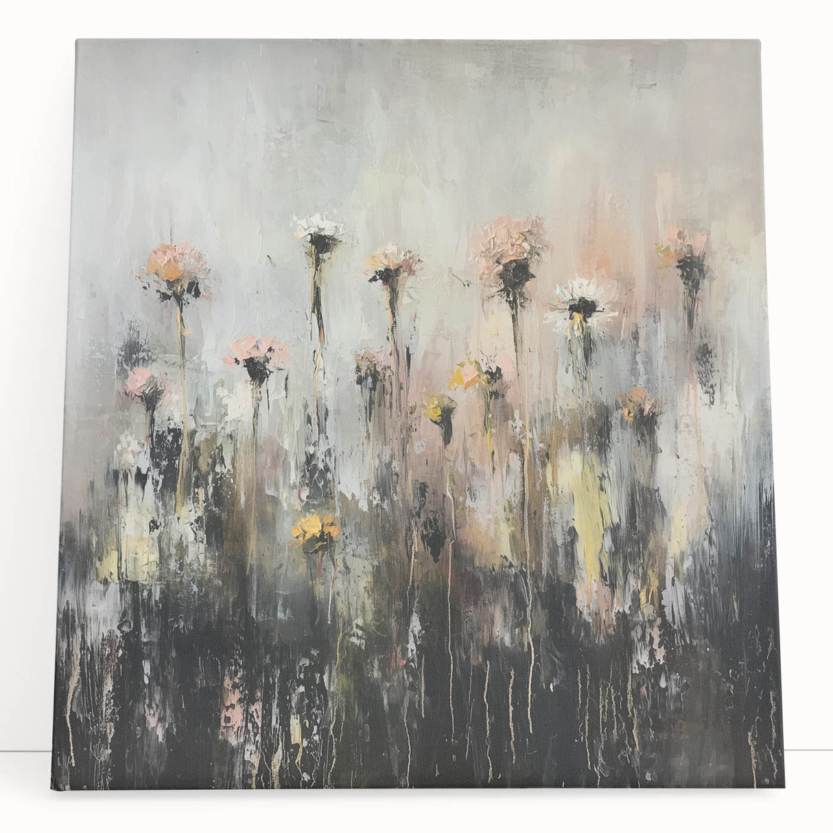Abstract floral canvas art featuring vibrant colors and intricate designs, elegantly leaning against a neutral wall, perfect for home decor and modern aesthetics.