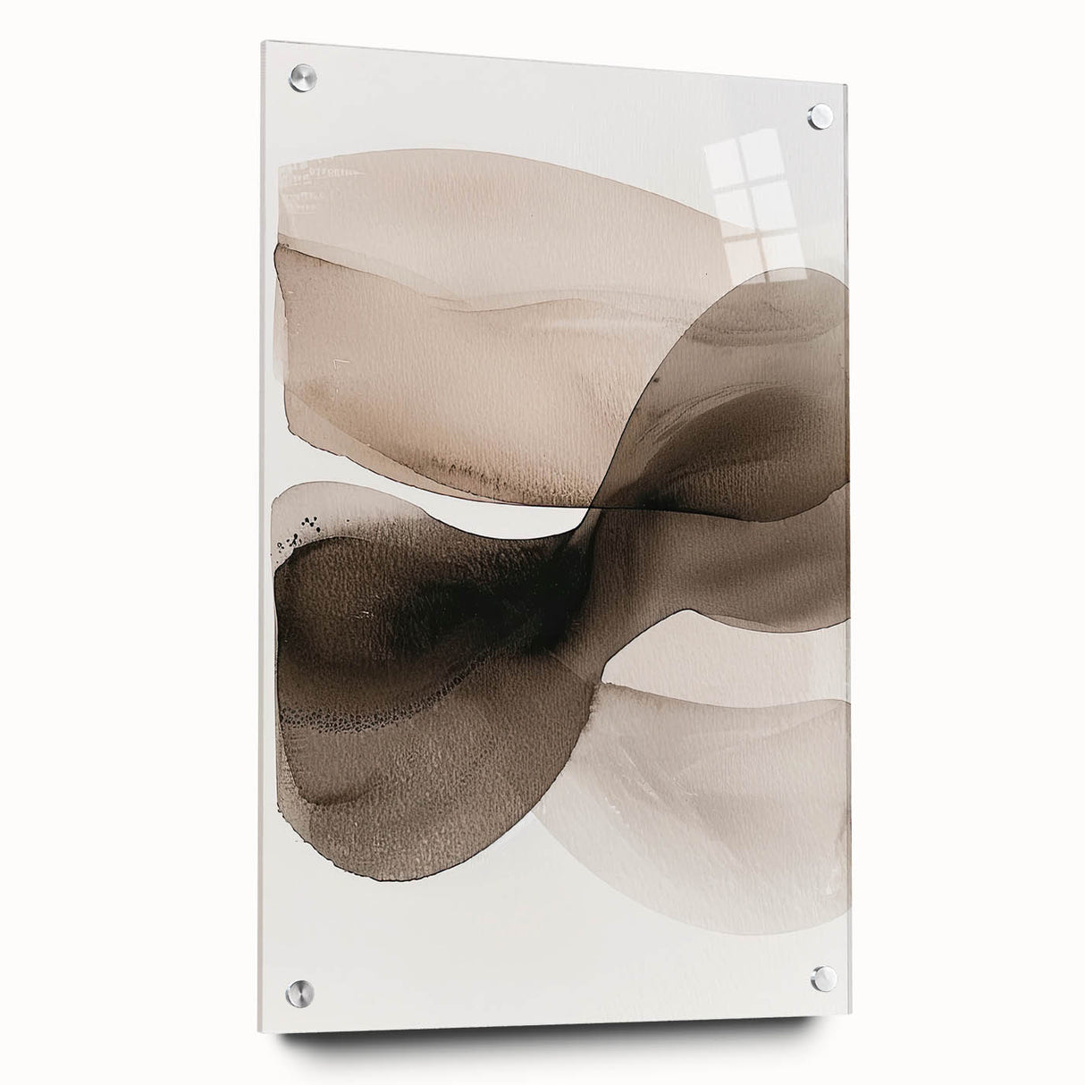 Abstract minimalist wall art displayed in a side view, featuring soft color gradients and a sleek acrylic glass finish, secured with stylish pins for modern decor.