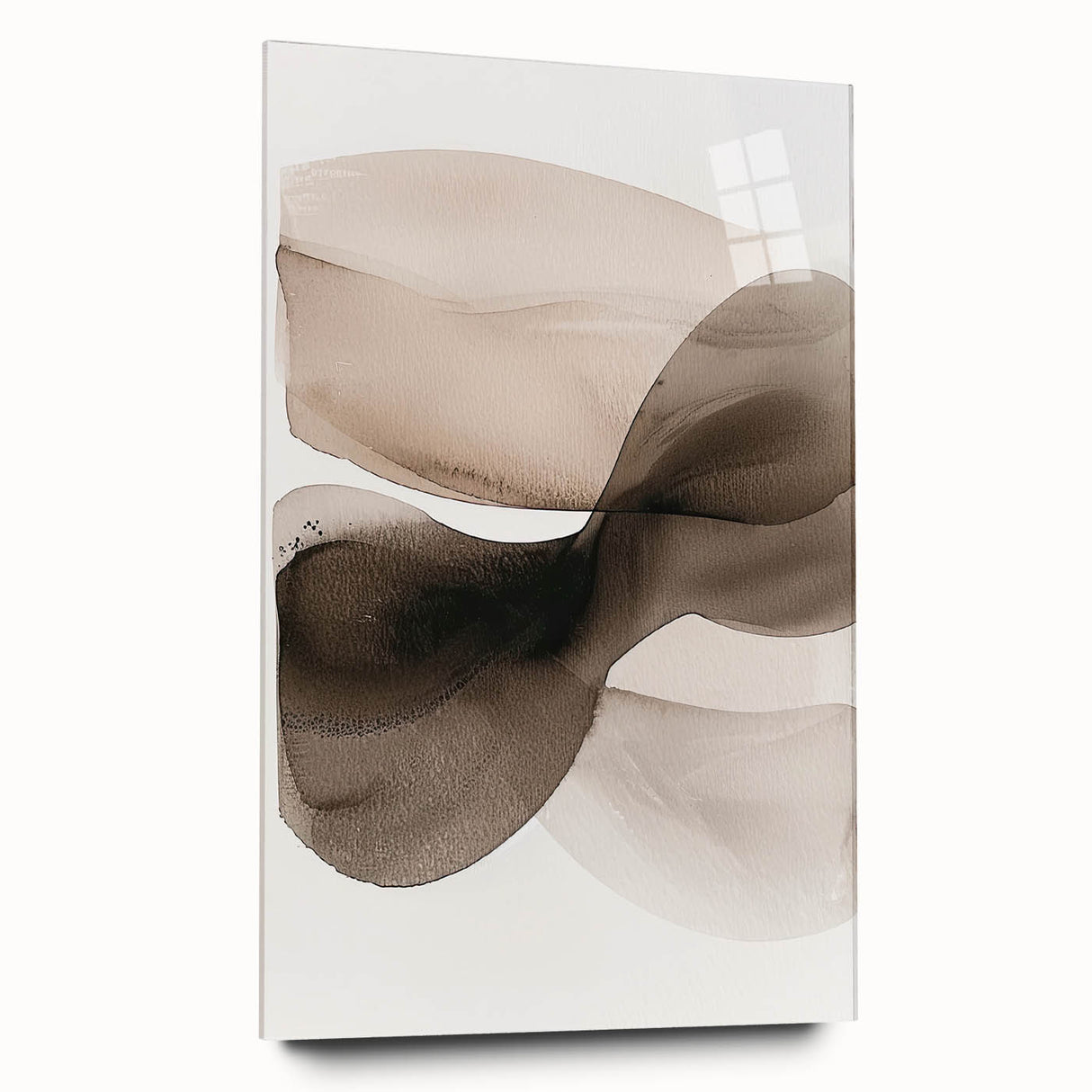 Abstract minimalist wall art displayed in a side view on acrylic glass, showcasing soft pastel colors and clean lines, perfect for modern home decor.