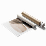 Abstract minimalist wall art print showcasing soft pastel colors and geometric shapes, elegantly rolled and packaged in a protective cardboard tube for easy display.