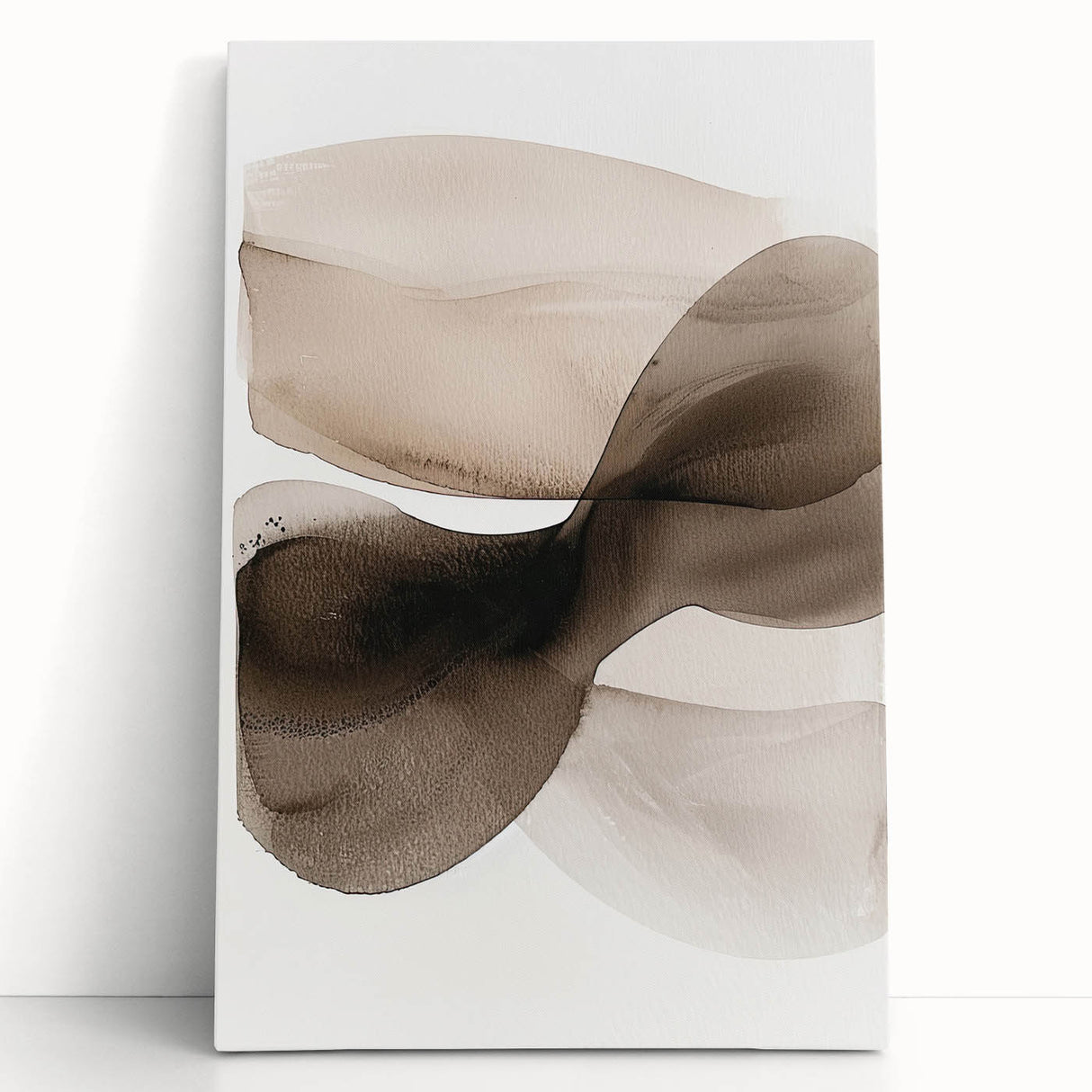 Abstract minimalist wall art on stretched canvas, showcasing soft earth tones and geometric shapes, elegantly leaning against a neutral wall, enhancing modern decor.