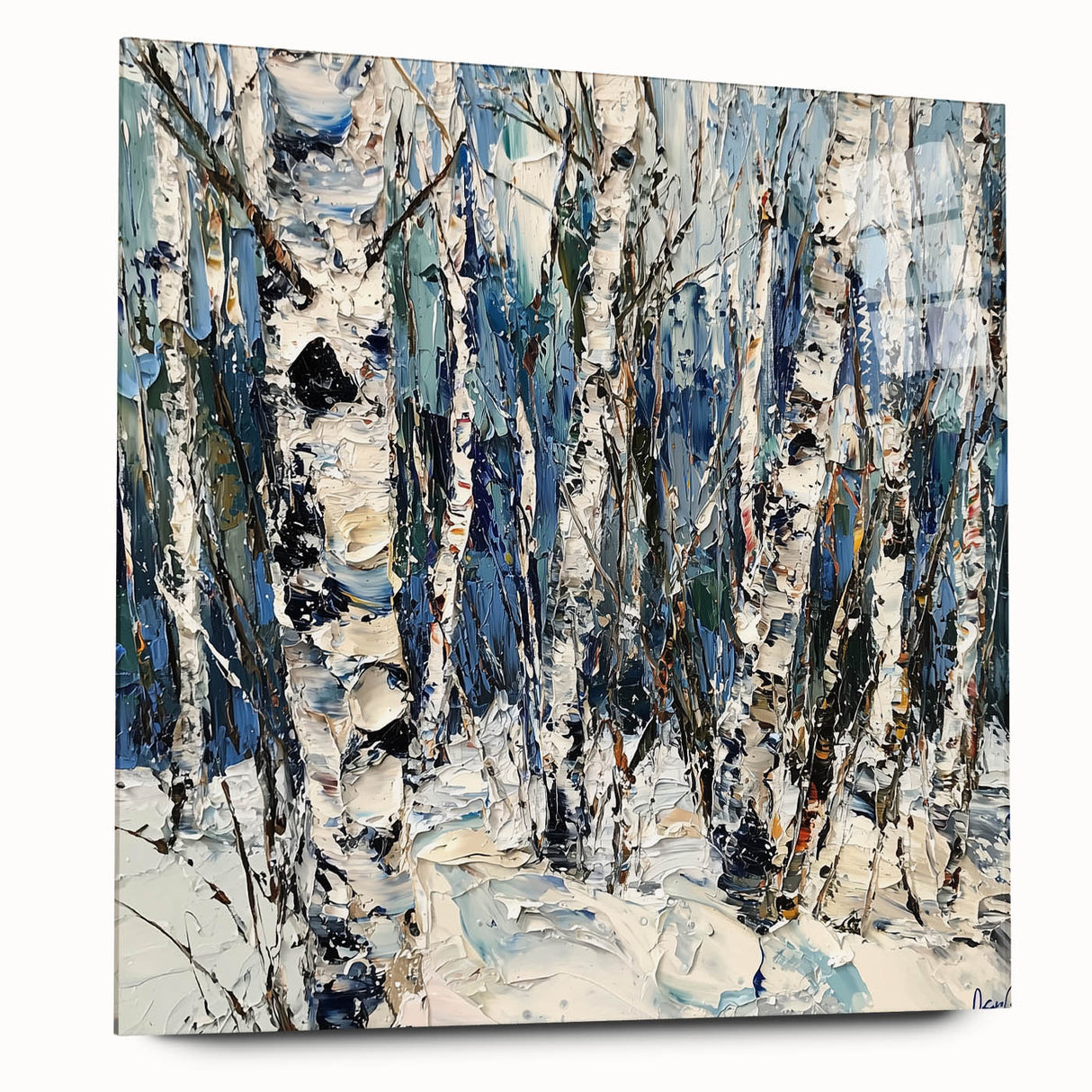 Abstract floral acrylic glass artwork showcasing vibrant colors and intricate designs, displayed in a sleek side view, emphasizing its modern aesthetic and artistic flair. Perfect for enhancing contemporary interior decor.