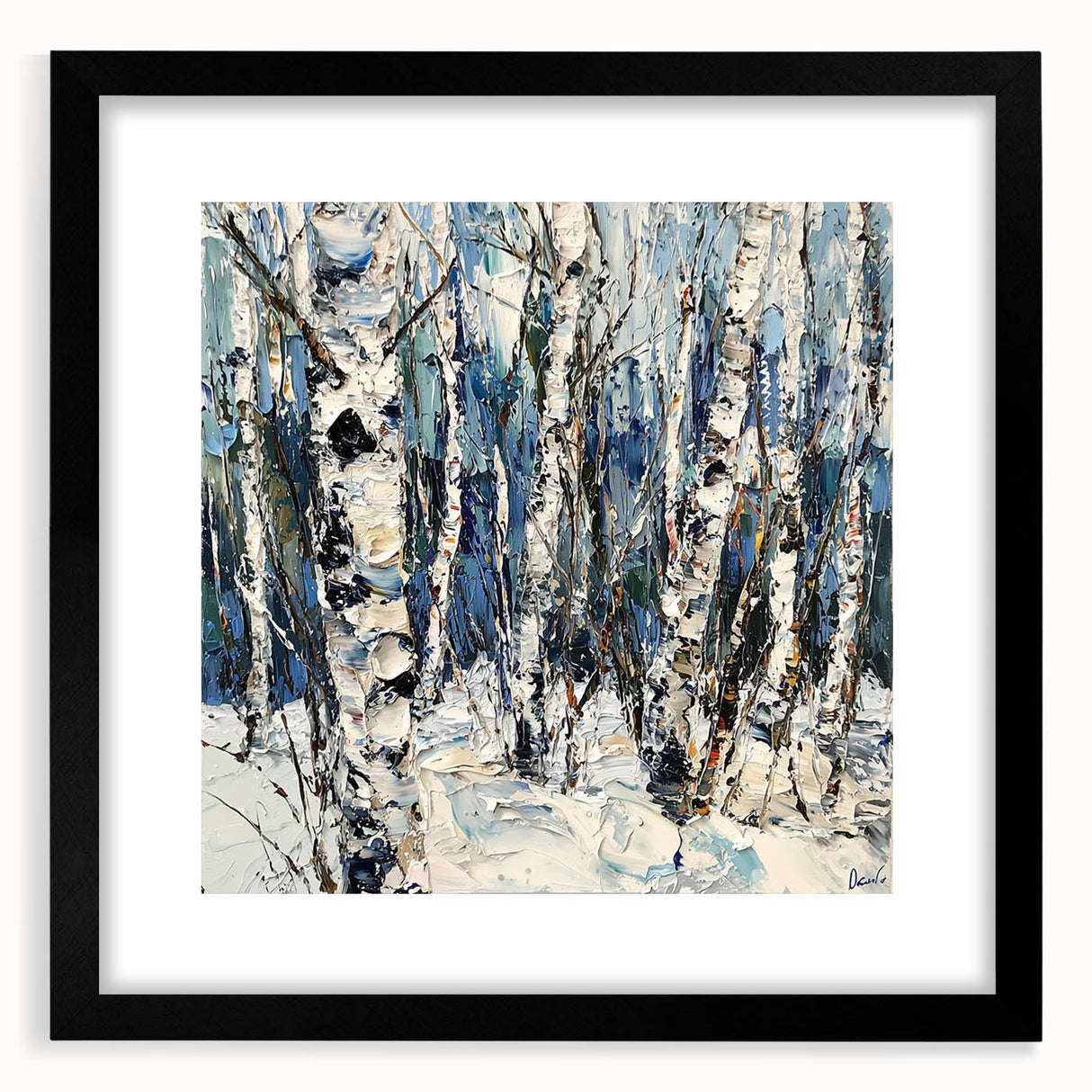 Abstract floral design with a black frame and mat, showcasing a vibrant and colorful arrangement of flowers, perfect for home decor enhancement.