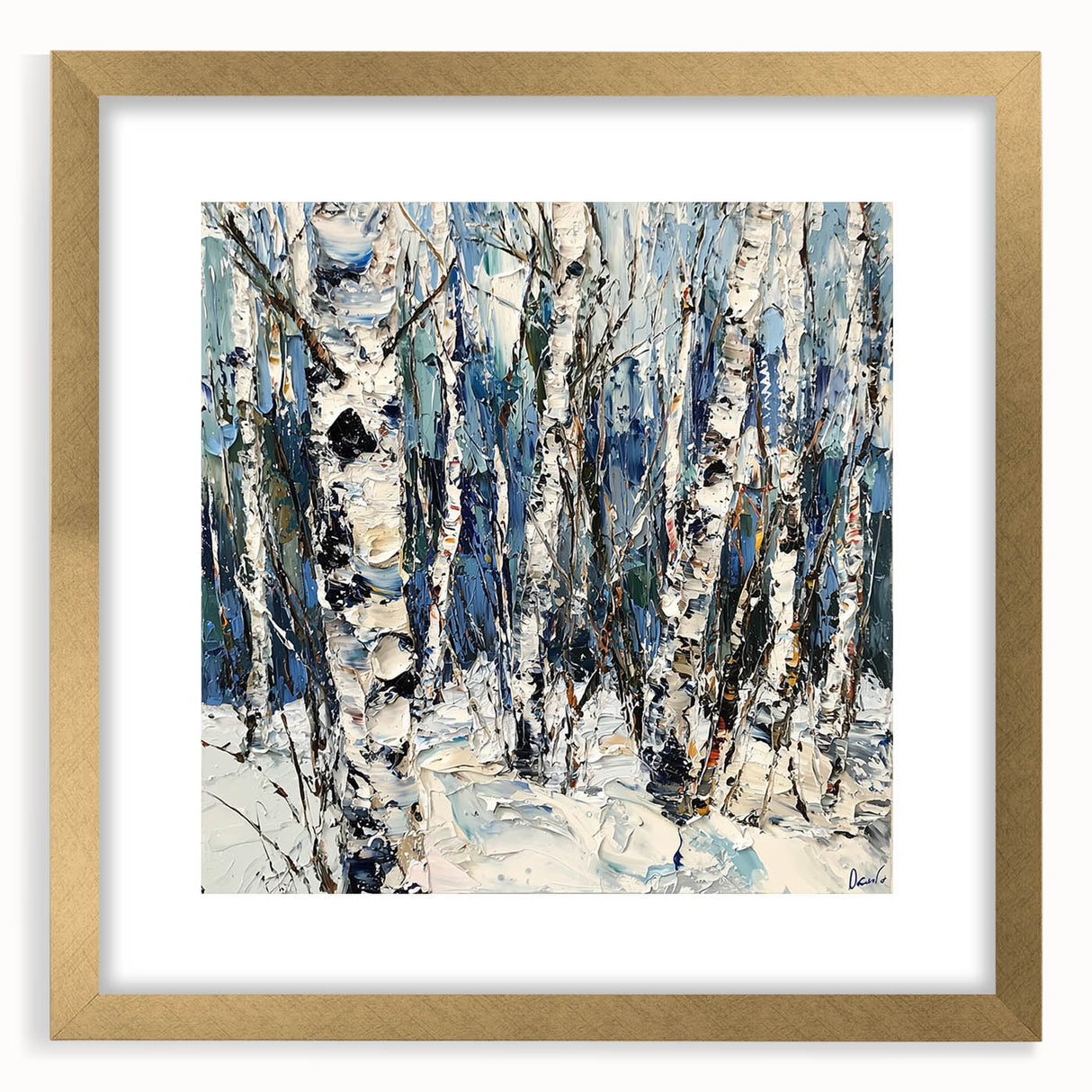 Elegant abstract florals framed in a gold mat, showcasing vibrant colors and intricate designs, perfect for enhancing modern home decor or office spaces.