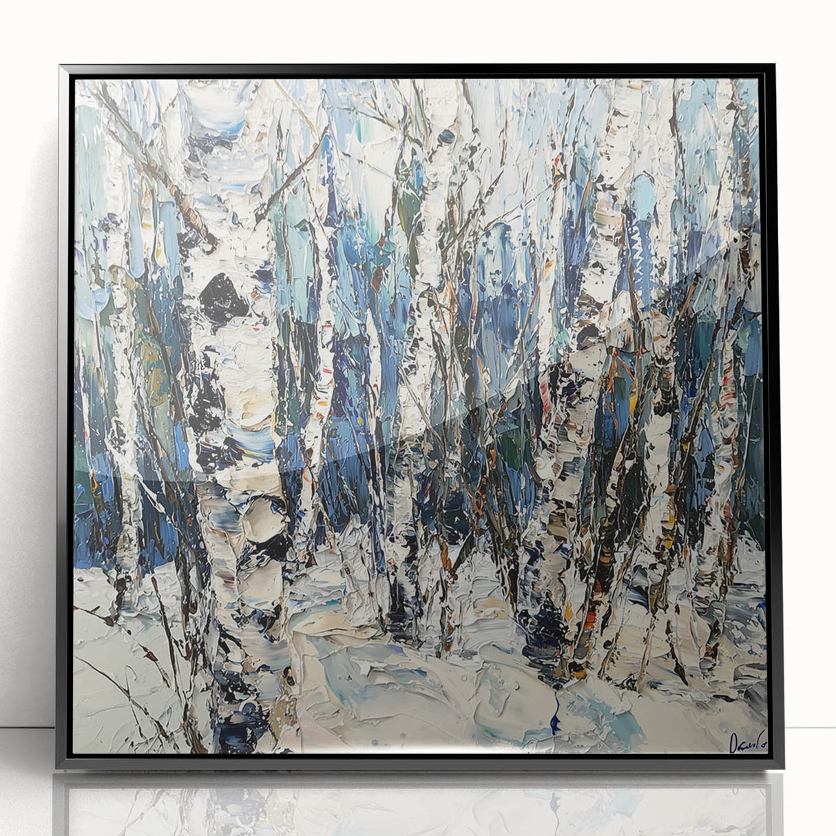 Framed acrylic artwork showcasing an abstract floral design with vibrant colors on a sleek black background, enhancing modern home decor aesthetics.