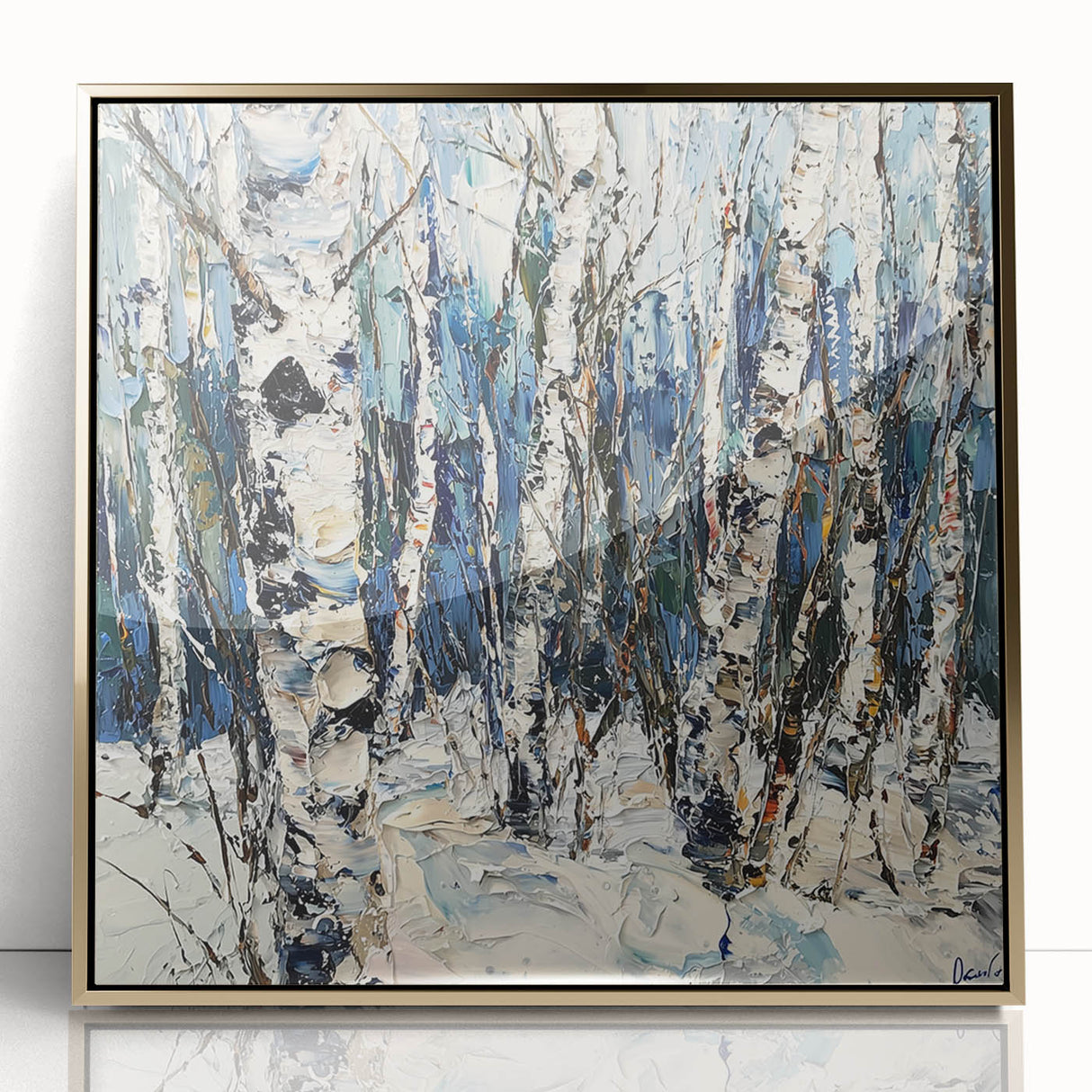 Framed acrylic artwork showcasing an abstract floral design in vibrant colors, featuring a gold frame that enhances its modern aesthetic, perfect for home decor.