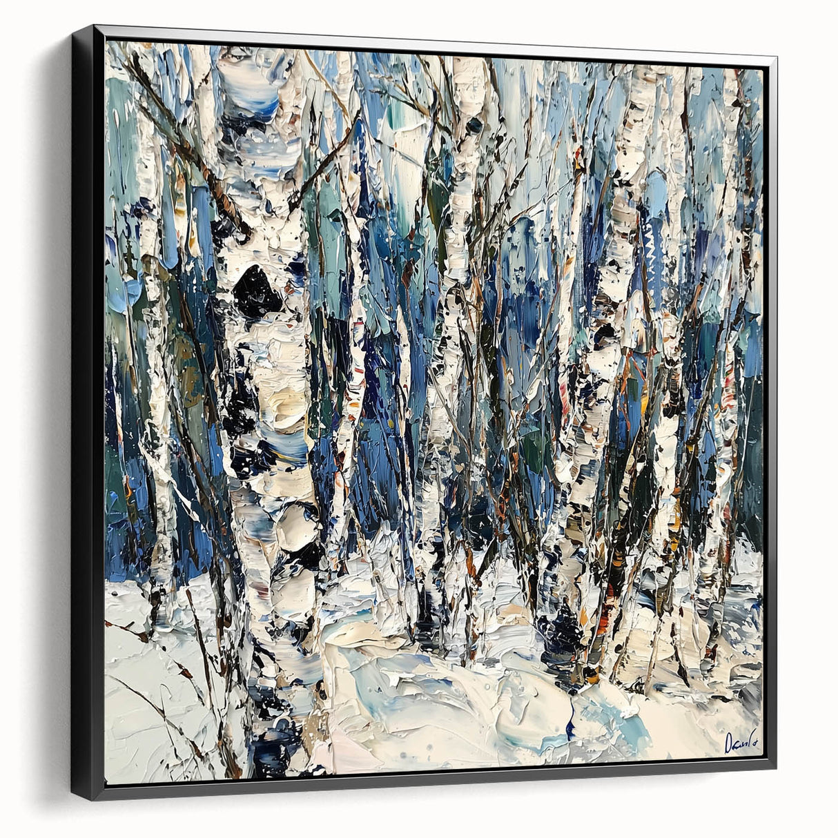 Framed canvas artwork showcasing an abstract floral design in vibrant hues, set against a sleek black frame; perfect for modern home decor.