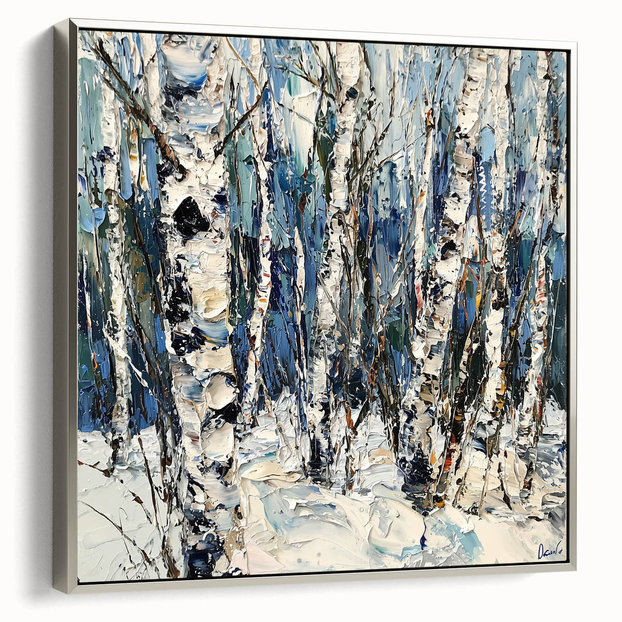 Framed abstract floral canvas art displayed from a silver side view, showcasing vibrant colors and intricate designs, perfect for modern home decor.