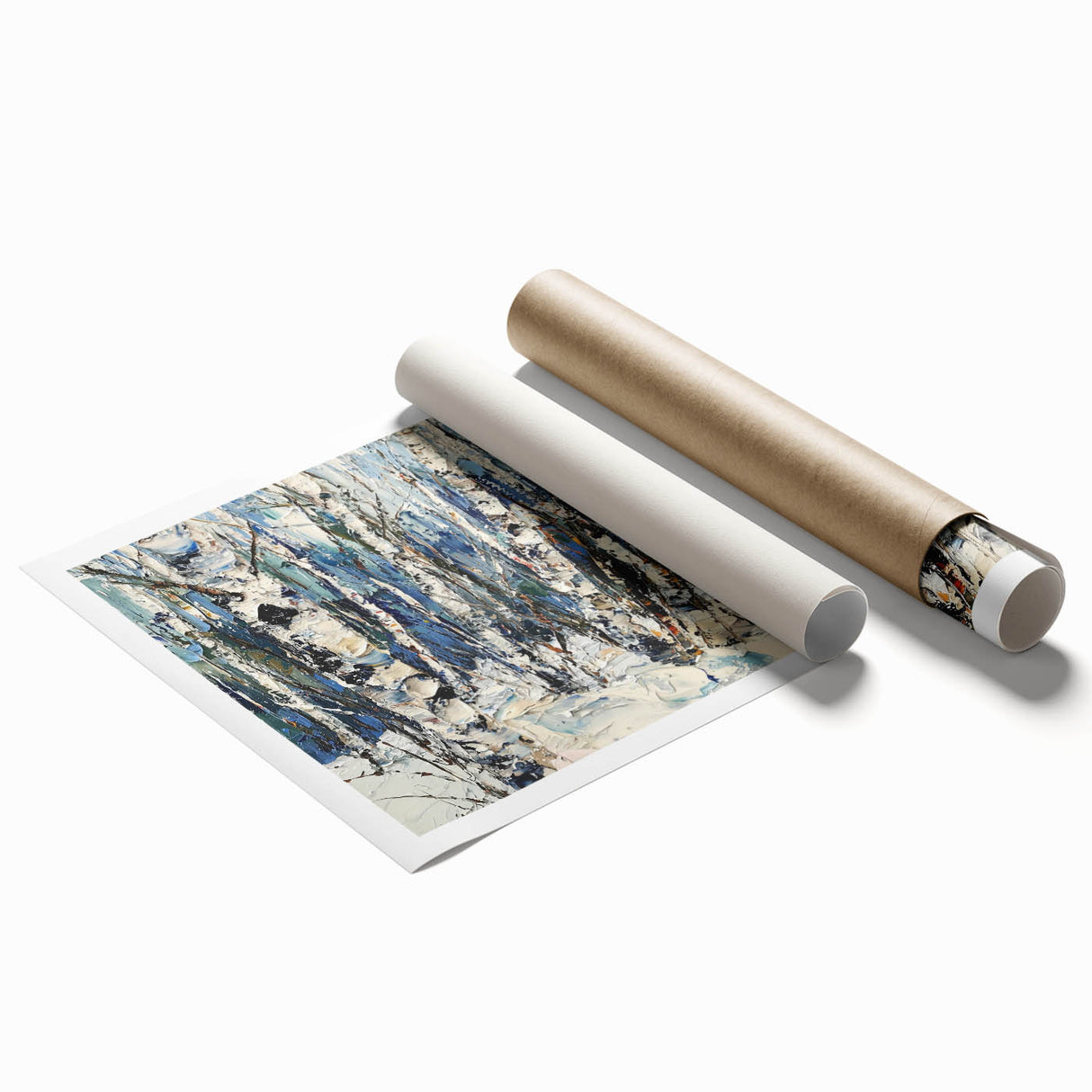 Vibrant abstract floral rolled print showcasing intricate designs and bold colors, perfect for home decor. Packaged securely in a protective tube for easy transport.