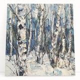 Colorful abstract floral stretched canvas art, showcasing vibrant hues of pink, blue, and yellow, leaning against a textured wall, perfect for modern decor.