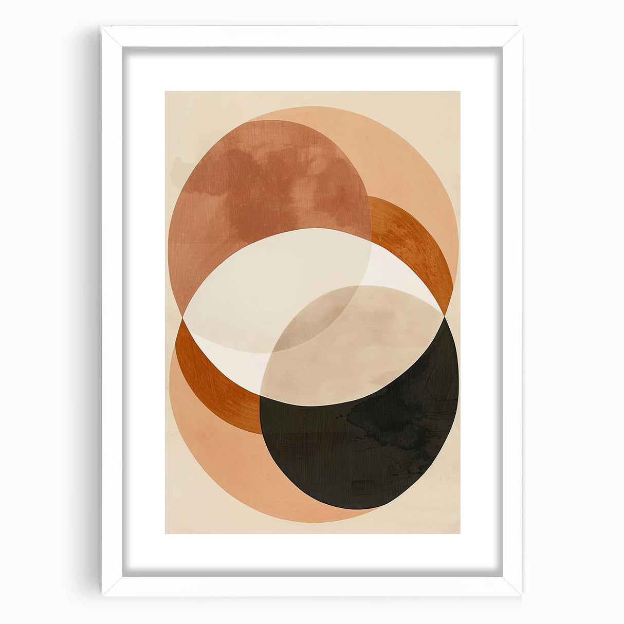 Abstract minimalist wall art in a sleek white frame with a mat, showcasing soft pastel colors and geometric shapes, perfect for modern home decor.