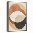 Abstract minimalist wall art in a sleek black frame, showcasing geometric shapes and muted tones, perfect for modern decor. The side view highlights its elegant design and premium quality.