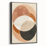 Abstract minimalist wall art in a sleek black frame, showcasing geometric shapes and muted tones, perfect for modern decor. The side view highlights its elegant design and premium quality.
