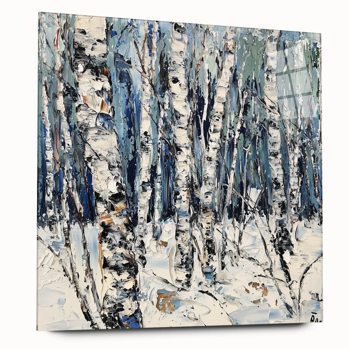 Abstract floral acrylic wall art featuring vibrant colors and intricate designs, showcased from a side view on a glass surface, enhancing its modern aesthetic.