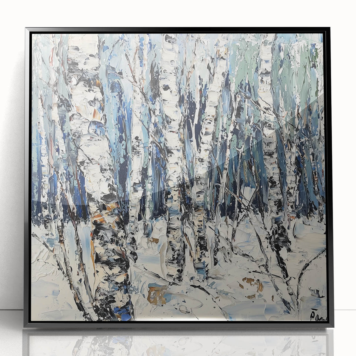 Framed abstract floral artwork in vibrant colors, featuring intricate patterns and a sleek black frame, perfect for modern home decor or office aesthetics.