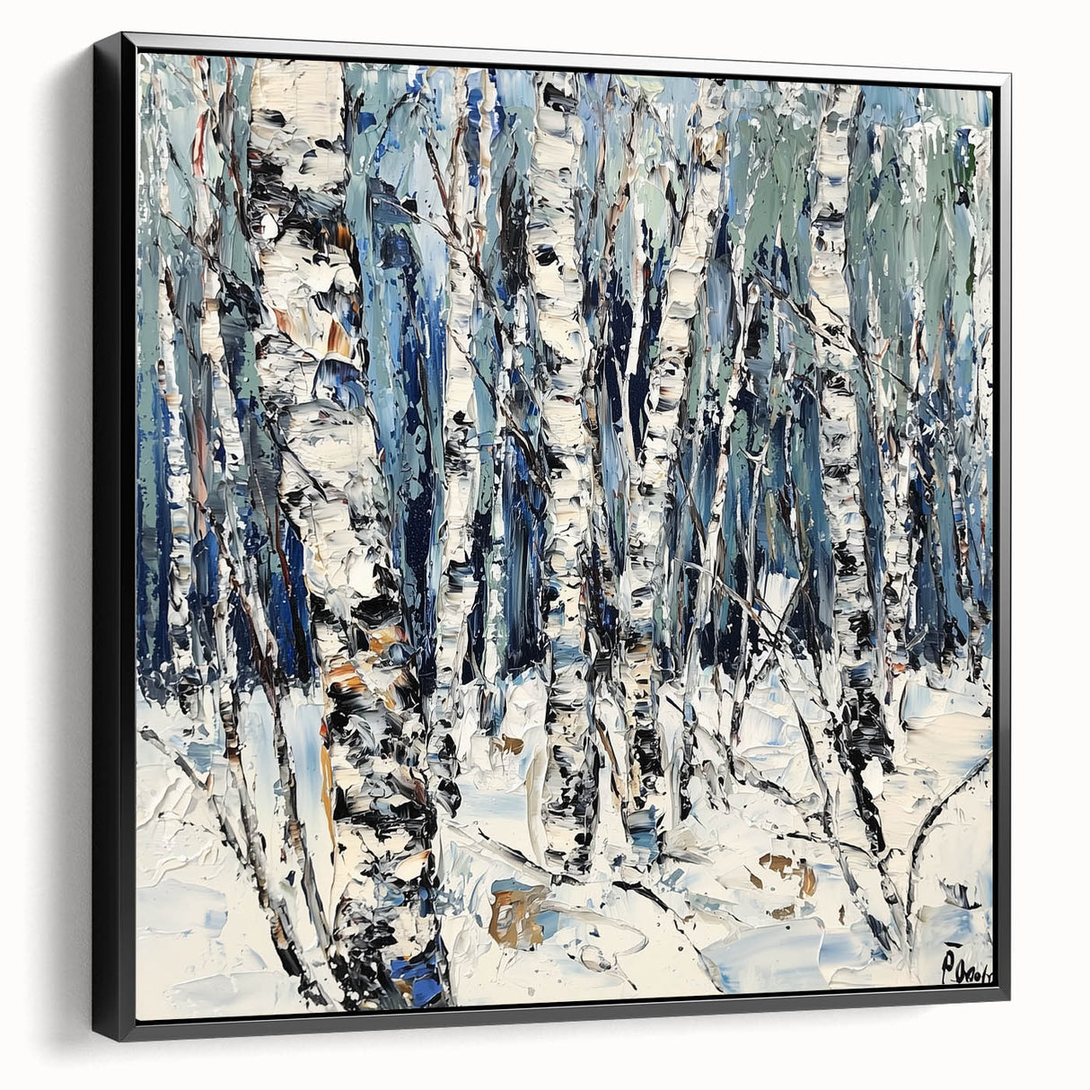 Framed canvas artwork showcasing an abstract floral design in vibrant colors, presented with a sleek black frame, ideal for modern home decor.