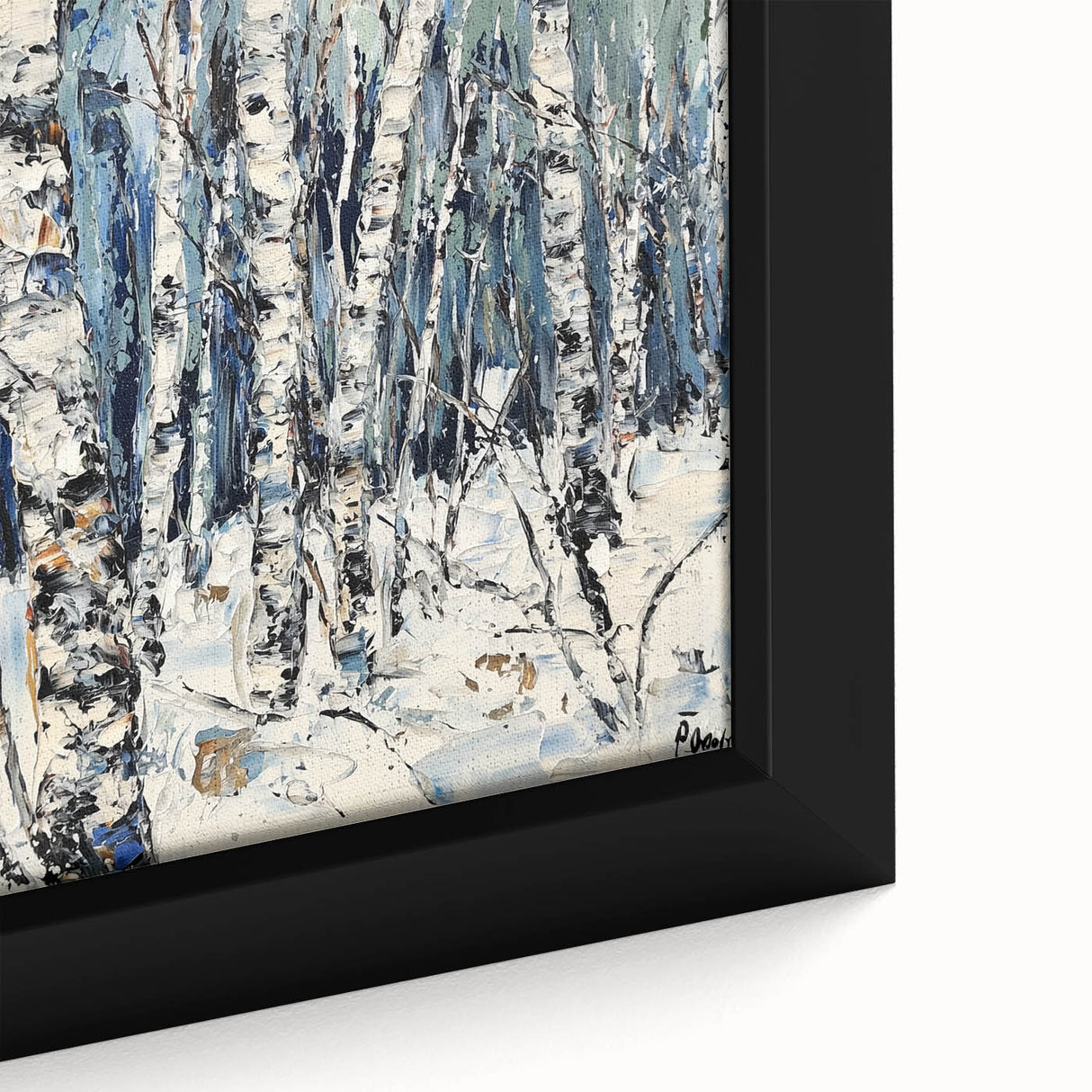 Close-up of a framed canvas showcasing vibrant abstract floral designs in hues of blue, pink, and gold, perfect for modern home decor. Ideal for adding a touch of elegance to any living space.