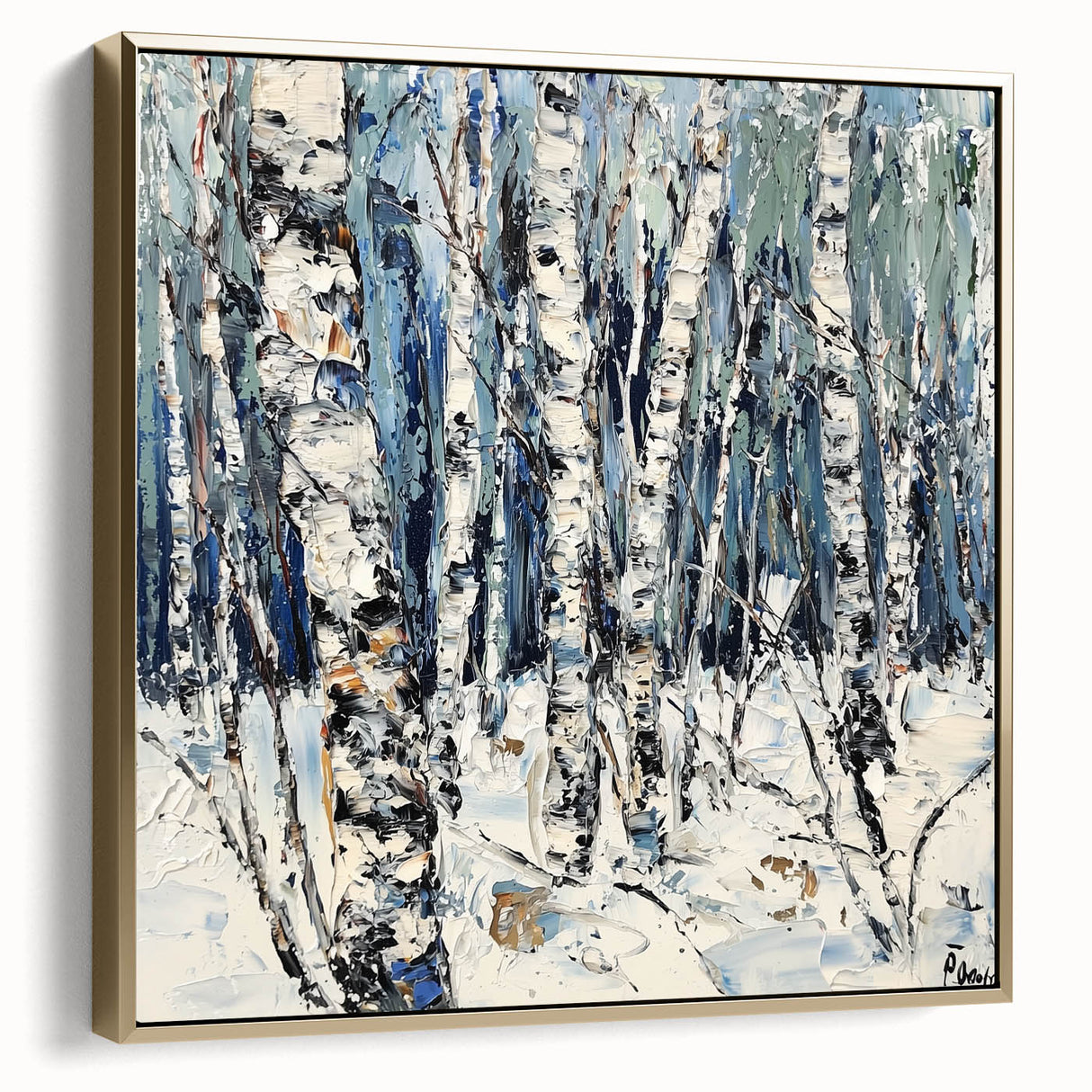 Framed canvas artwork showcasing an abstract floral design in silver and gold hues, elegantly displayed against a modern backdrop, ideal for upscale home decor.
