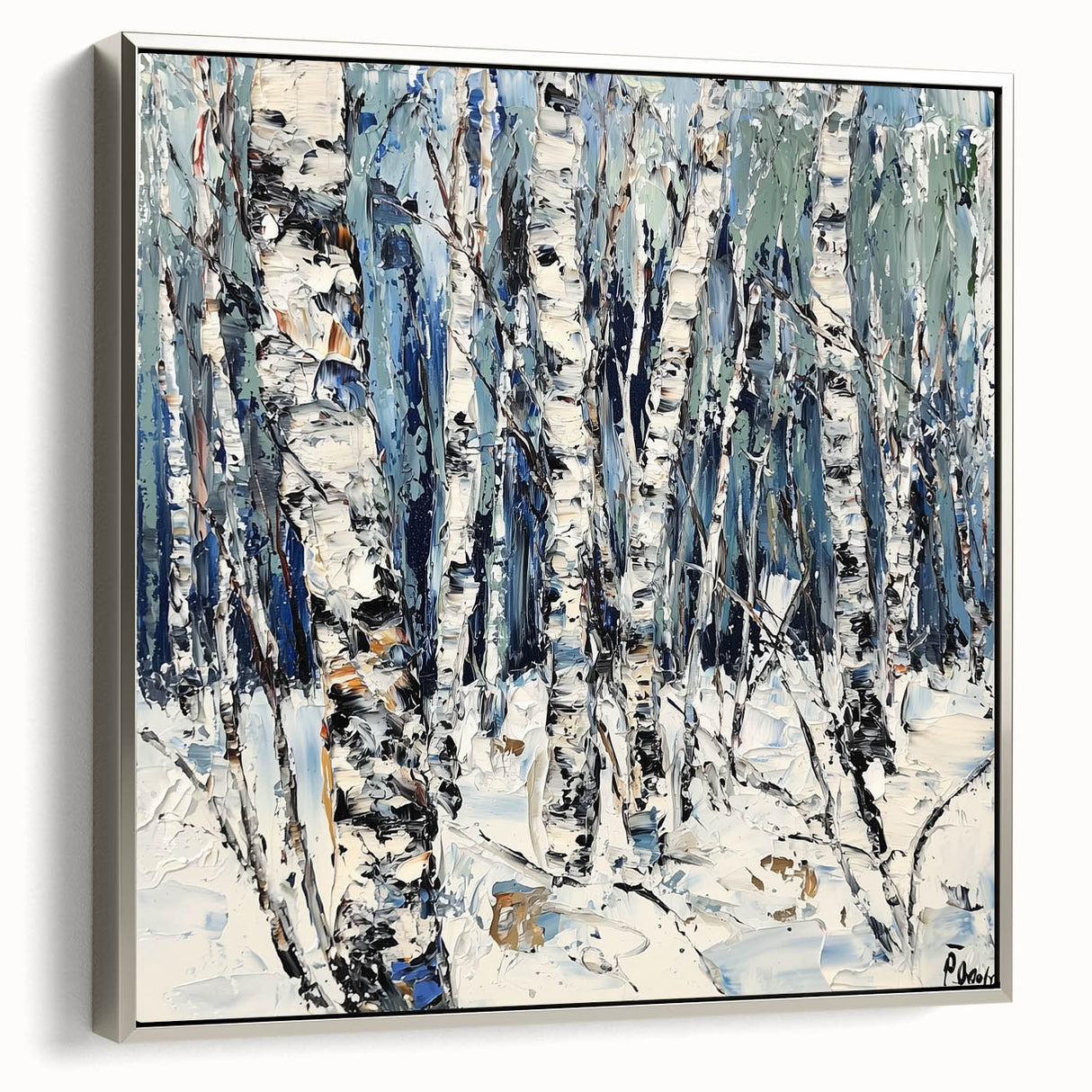 Framed canvas artwork showcasing an abstract floral design with vibrant colors and silver framing, ideal for modern home decor and art enthusiasts.
