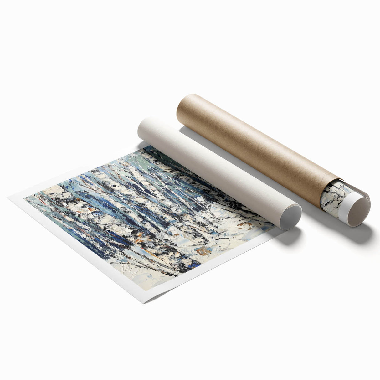 Abstract floral design rolled print showcasing vibrant colors and intricate patterns, elegantly packaged in a protective cardboard tube for easy display.