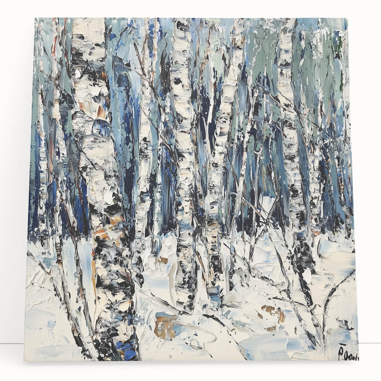 Abstract floral stretched canvas artwork displaying vibrant colors and intricate patterns, elegantly leaning against a textured wall, perfect for modern home decor.