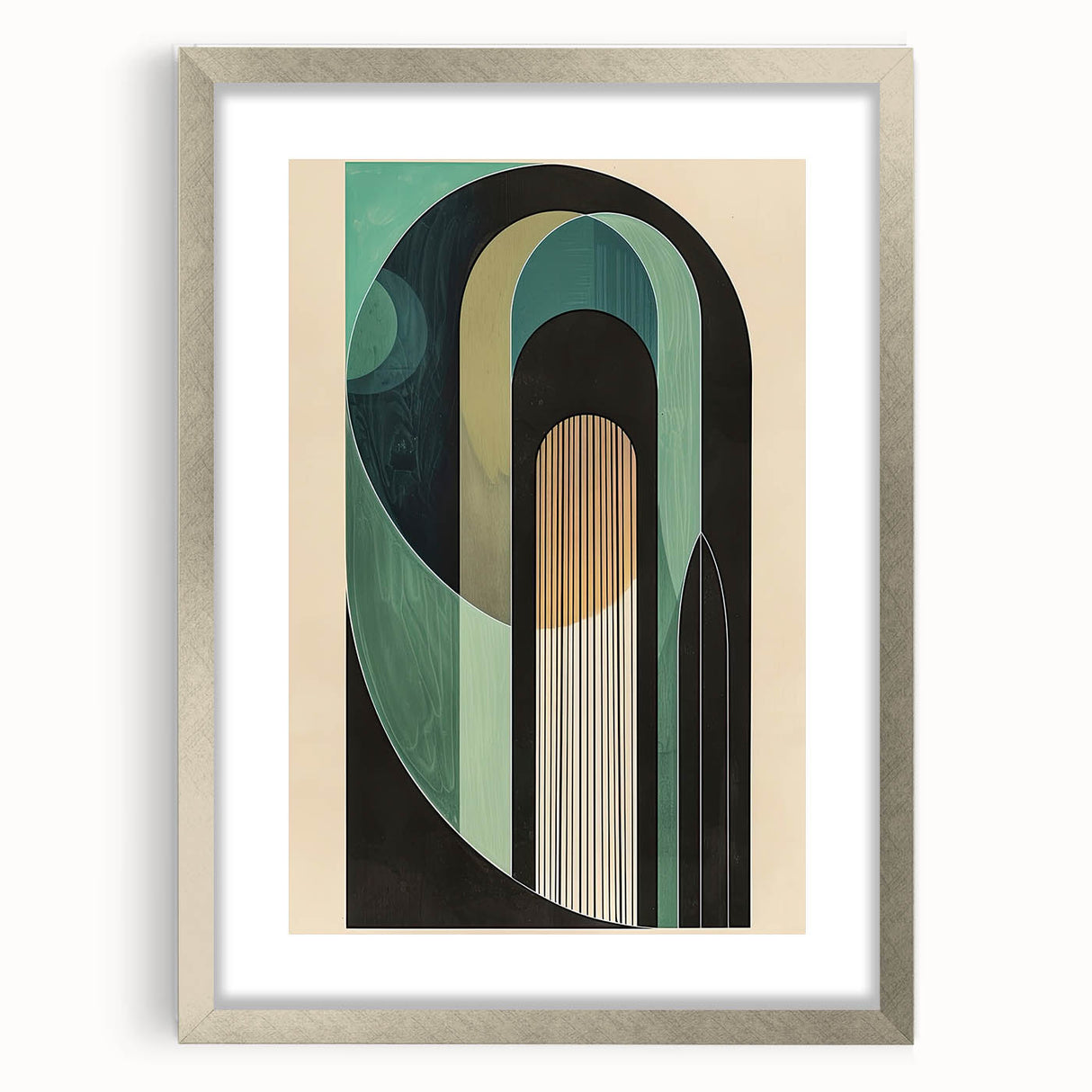 Abstract minimalist wall art framed in silver, featuring soft neutral tones and geometric shapes, perfect for modern home decor or office settings.