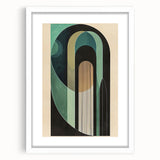 Abstract minimalist wall art framed in white with a mat, showcasing geometric shapes in soft pastel colors; ideal for modern home decor or office spaces.