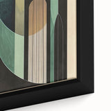 Close-up of framed abstract minimalist wall art showcasing soft pastel colors and geometric shapes, ideal for modern home decor or office spaces, enhancing aesthetic appeal.