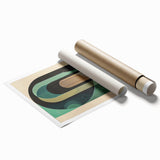 Rolled minimalist abstract wall art print showcasing soft blue, gray, and white hues, elegantly packaged in a protective cardboard tube for easy transport.